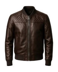 Dark brown leather bomber jacket featuring quilted shoulder panels.