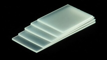 Stack of five white rectangular sheets of paper or cardboard. the sheets are arranged in a horizontal line, with the top sheet slightly overlapping the bottom one.
