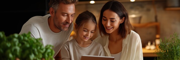 Caucasian family in kitchen using tablet: young parents and child engaging in technology