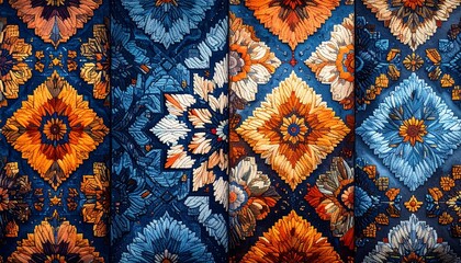 Detailed view of patterned fabric showcasing a repeating floral design with intricate embroidery in shades of blue, orange, and white
