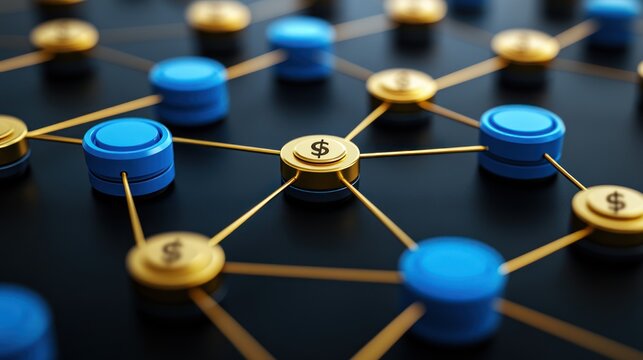 Interconnected network of gold and blue elements