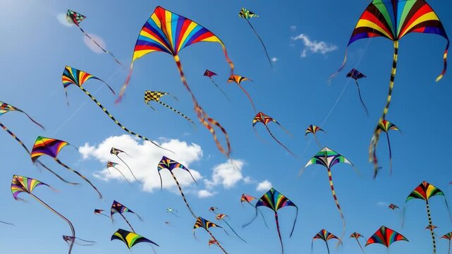 Many colorful kites fly high in a clear bright blue summer sky