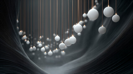 Floating white spheres create a calming atmosphere in a dark setting