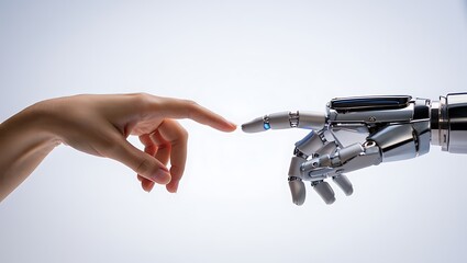 Human and robot hands touching fingers artificial intelligence connection future