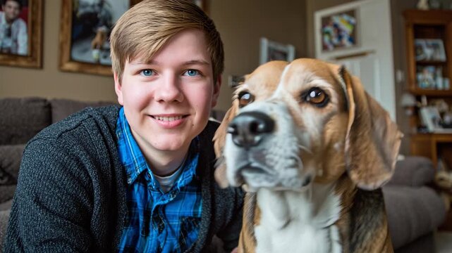 A person and a dog sit closely together, posing for a photo indoors. The pair have a cozy vibe in the setting of a relaxed and casual living room.