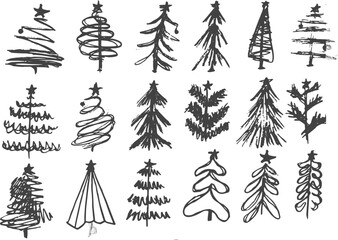 Hand-drawn Christmas tree sketches in black and white style on white background with copy space