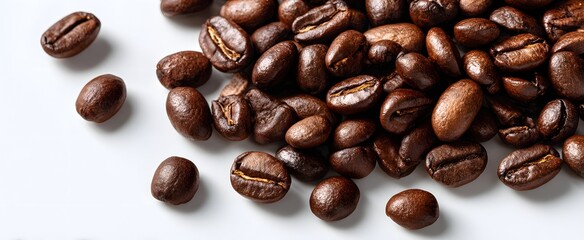 Obraz premium The coffee beans scattered on a pristine white surface reveal their deep roasted aroma.