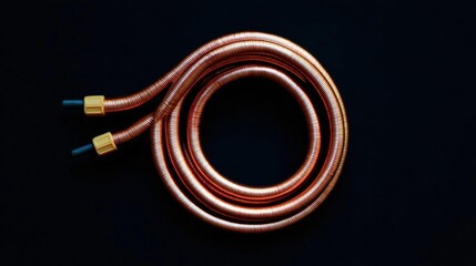 Coiled copper-colored hose with two blue connectors on either end. the hose appears to be made of a shiny, metallic material and is coiled in a spiral-like pattern.