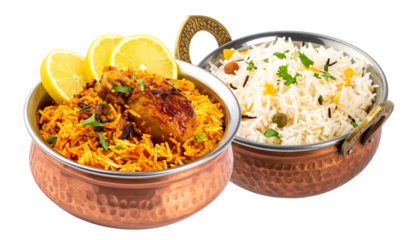 Dum chicken biryani Kerala-Thalassery style duo isolated on transparent background