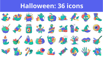 Fototapeta premium Halloween themed set of 36 colorful icon illustrations 