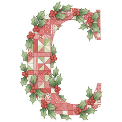 decorative letter C with festive patterns and holly leaves, embodying a holiday theme. ,watercolor clip art isolated on white background