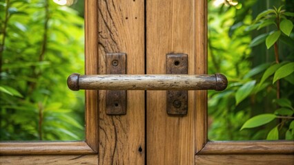 Wooden door handle with a rustic finish, framed by vibrant green foliage, creating a serene and inviting atmosphere.