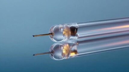 Close-up of a pair of transparent tubes with a gold-colored needle inserted into one of them. the tubes appear to be made of glass and have a cylindrical shape with a pointed tip.