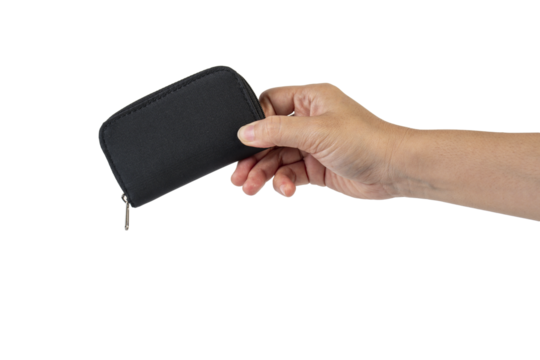 Black zippered bag in hand on transparent background