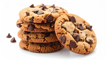 Stack of Delicious Chocolate Chip Cookies with Rich Brown Texture and Dark Chocolate Chips on a White Background