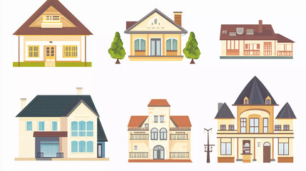 Collection of colorful and diverse house illustrations featuring various architectural styles