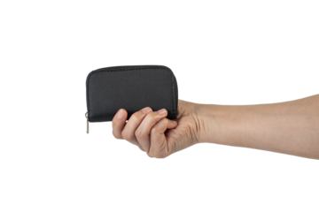 Black zippered bag in hand on transparent background