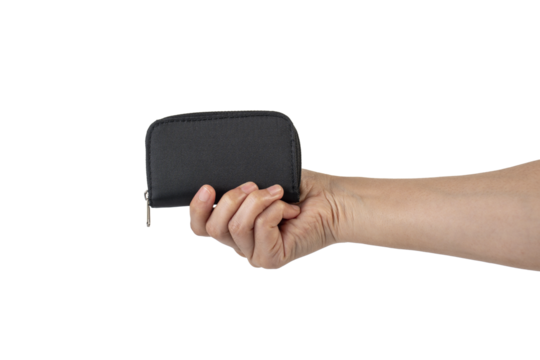Black zippered bag in hand on transparent background