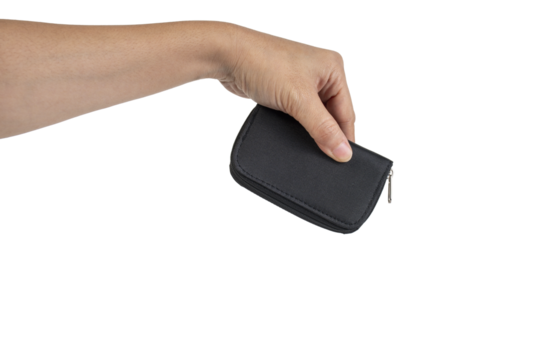 Black zippered bag in hand on transparent background