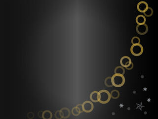 黒と金のリングが舞うクリスマス背景ー黒のグラデーションに金の円が連なり、雪の結晶と星がアクセントの上品なクリスマス素材背景。コピー用スペース広めで、カードやチラシ、招待状、Webバナーに。