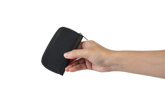 Black zippered bag in hand on transparent background