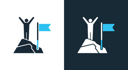 Success achievement concept icon a person standing on a mountain top with arms raised -  Glyph solid icon - Editable modern style icon.