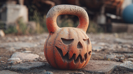 A Halloween themed kettlebell with an orange finish and a jack-o-lantern face placed on a stone pathway in a yard with out-of-focus background.