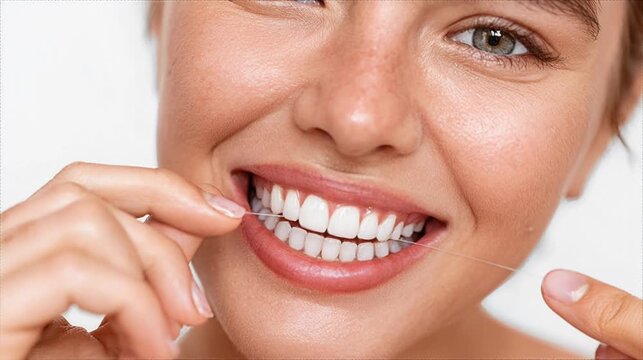 Smiling woman cleaning white teeth with dental floss close up