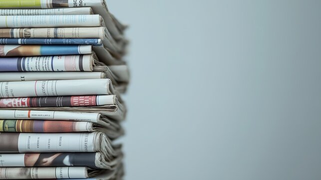 journalism. Artistic stack of newspapers under soft overhead light on a minimalist grey surface. lifestyle magazines, social media lookbooks, designed for influencer and brand collaborations.
