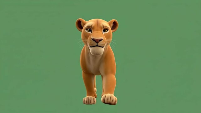 Animated Lioness Walking Towards Camera on Green Background.