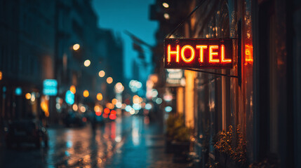 A vintage hotel glows on a rainy night street. Neon sign provides a warm and inviting ambiance to travelers seeking comfort and shelter.