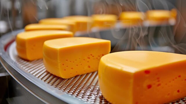 Cheese wedges processed on a conveyor. The blocks, smooth and brightly colored, are lined up neatly and ready for packaging. Tasty, dairy and fresh.