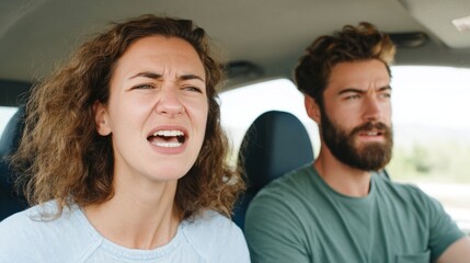 A couple driving in a convertible car.