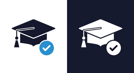 Graduation cap icon set with checkmark for academic achievement and success - Glyph solid icon - Editable modern style icon.
