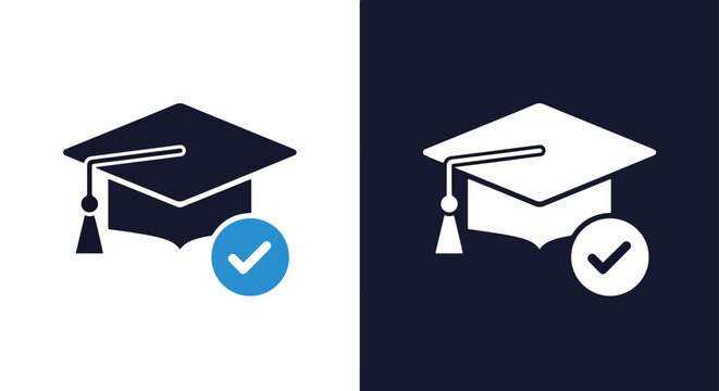 Graduation cap icon set with checkmark for academic achievement and success -  Glyph solid icon - Editable modern style icon. - Powered by Adobe