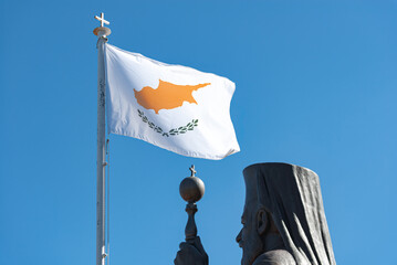 The waving national flag of Cyprus. Kykkos Monastery, Cyprus