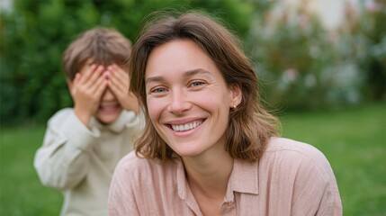 Fototapeta premium Woman and child outdoors, smiling at camera.