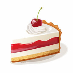 Piece of white cake with vanilla frosting and cherry jelly, topped with white cheese