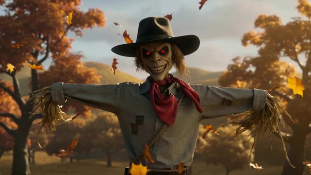 A frightening scarecrow standing against the background of an autumn landscape.