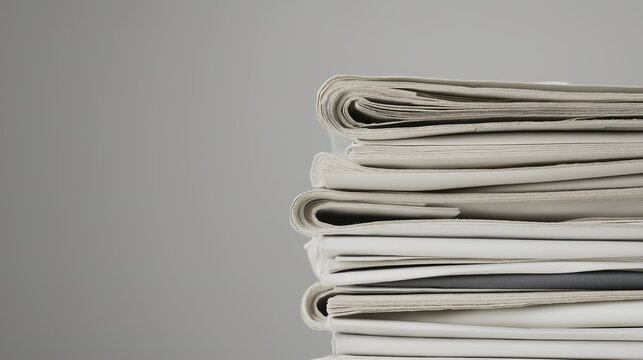 journalism. Artistic stack of newspapers under soft overhead light on a minimalist grey surface. lifestyle magazines, social media lookbooks, designed for influencer and brand collaborations.