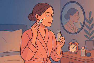 Woman Applying Skincare Serum at Night in Cozy Bedroom Illustration