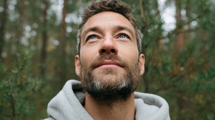 Fototapeta premium Man in woods looking up.