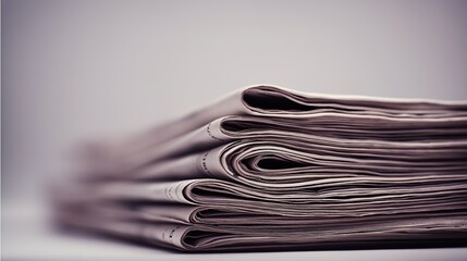 journalism. Artistic stack of newspapers under soft overhead light on a minimalist grey surface. lifestyle magazines, social media lookbooks, designed for influencer and brand collaborations.