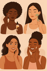 Diverse Women Practicing Skincare Routines Illustration