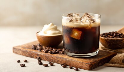 a glass of cold black coffee on an elegant wooden board, with scattered coffee beans beside it, against a beige background