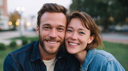 Obraz premium Young couple smiling together in urban setting