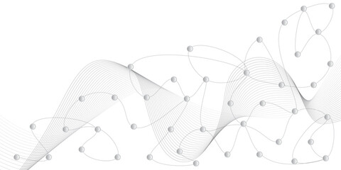 Obraz premium Technology background with dynamic flowing lines and connected spheres forming abstract digital network pattern in gray tones.