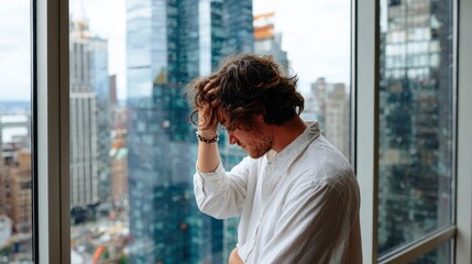 Exhausted businessman massaging temples at office's window