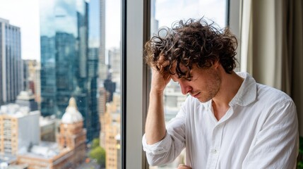 Obraz premium Tired young man with headache in modern office
