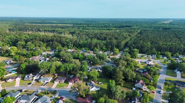 Aerial landscape of Richmond Hill residential area sunny summer day in Bryan County Georgia